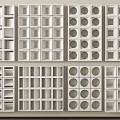 White Grid Shelves With Various Square And Circular Cutout Designs For Storage 3d model