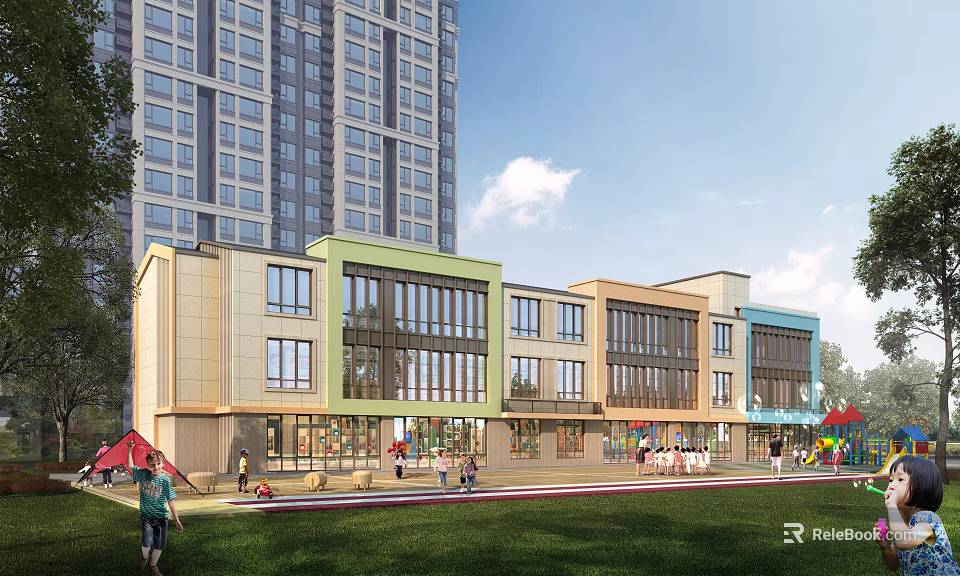 Modern Multi Story School Building With Colorful Facades Large Windows Green Lawn And Children Playing 3d model 