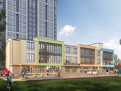 Modern Multi Story School Building With Colorful Facades Large Windows Green Lawn And Children Playing 3d model