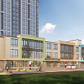 Modern Multi Story School Building With Colorful Facades Large Windows Green Lawn And Children Playing
