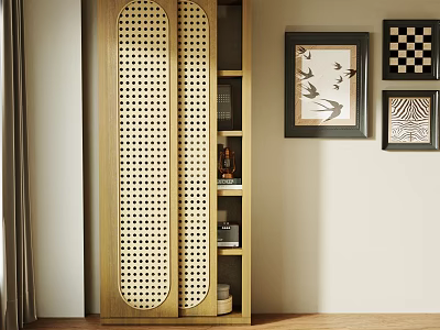 Modern Wooden Bookcase With Perforated Doors And Decorative Paintings On Wall And Wooden Floor 3d model