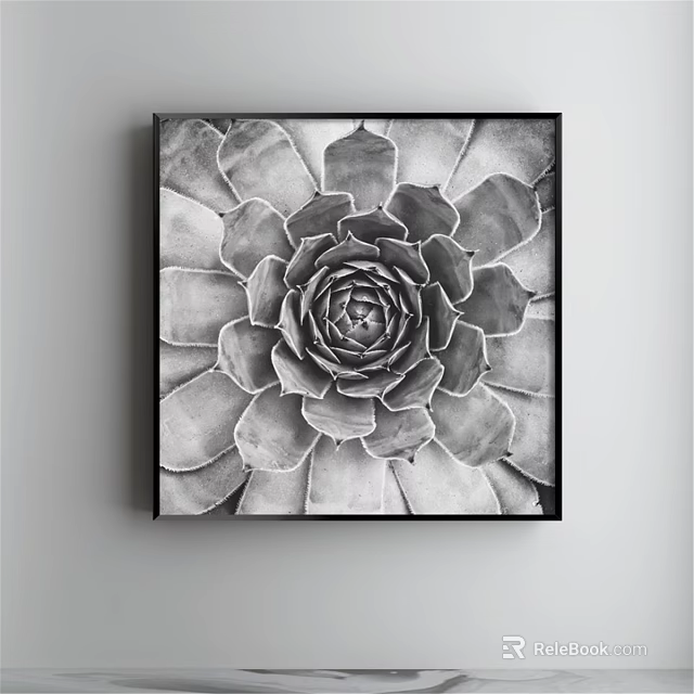 Black and White Succulent Plant Painting Framed Hanging on Wall Art Decor 3d model 