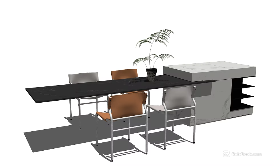 Modern Dining Table Set With Black Top Brown Gray Chairs Potted Plant And White Cabinet 3d model 