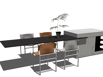 Modern Dining Table Set With Black Top Brown Gray Chairs Potted Plant And White Cabinet 3d model