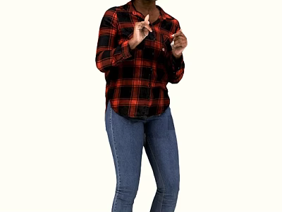 Woman In Red And Black Plaid Shirt And Blue Jeans Gesturing With Hands 3d model
