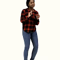 Woman In Red And Black Plaid Shirt And Blue Jeans Gesturing With Hands