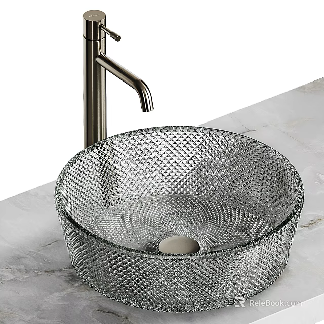 Elegant Diamond Textured Glass Washbasin With Modern Silver Faucet On Marble Countertop 3d model 