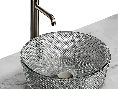 Elegant Diamond Textured Glass Washbasin With Modern Silver Faucet On Marble Countertop 3d model