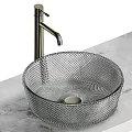 Elegant Diamond Textured Glass Washbasin With Modern Silver Faucet On Marble Countertop