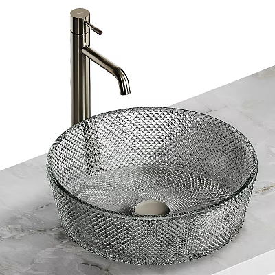 Elegant Diamond Textured Glass Washbasin With Modern Silver Faucet On Marble Countertop 3d model
