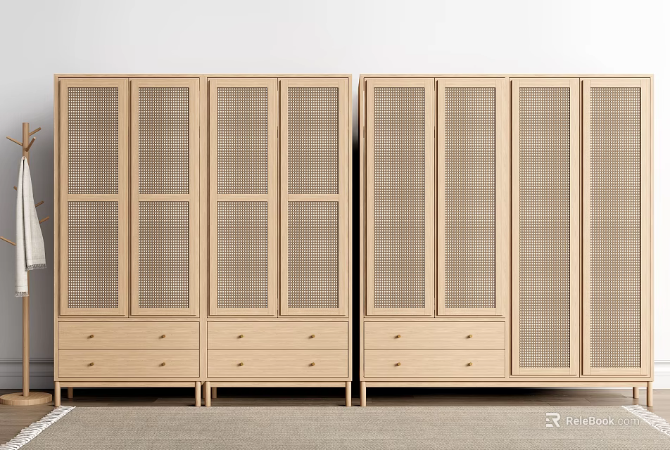 Modern Wooden Wardrobe Design With Lattice Panel Doors And Drawer Storage 3d model 