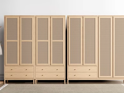 Modern Wooden Wardrobe Design With Lattice Panel Doors And Drawer Storage 3d model