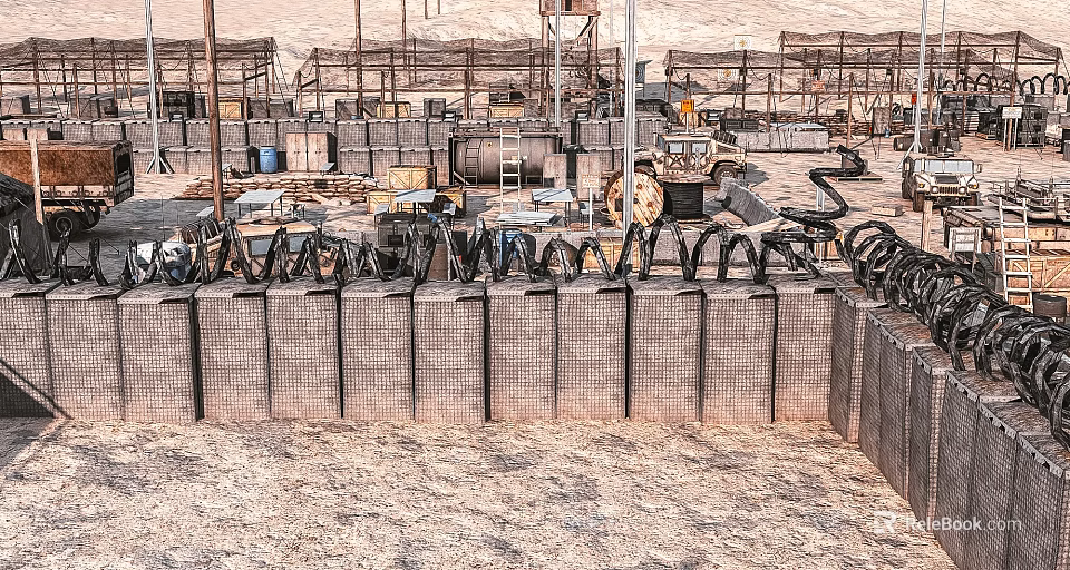 Industrial Construction Site With Metal Fence Stacked Tires And Materials 3d model 