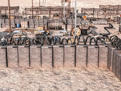 Industrial Construction Site With Metal Fence Stacked Tires And Materials 3d model