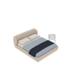 Modern Upholstered Double Bed with Beige Frame and Blue Bedding paired with Marble Top Nightstand