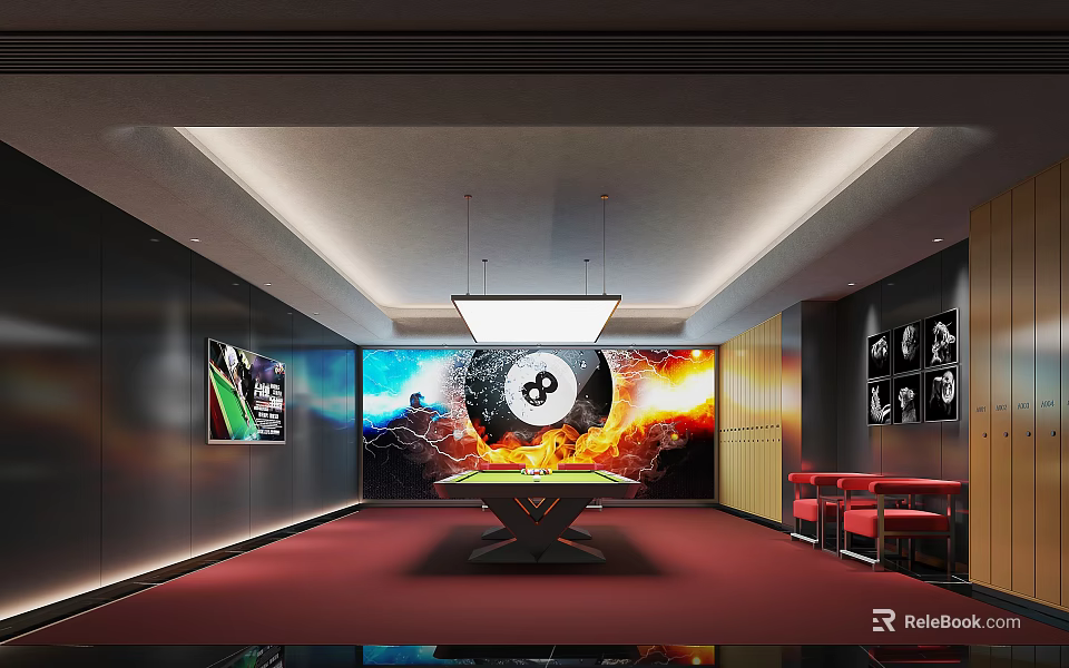 Modern Billiard Room Interior With 8 Ball Wall Art Red Carpet Lighting And Seating 3d model 