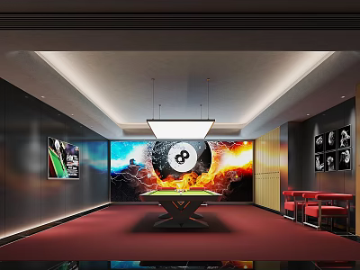 Modern Billiard Room Interior With 8 Ball Wall Art Red Carpet Lighting And Seating 3d model
