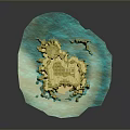 Yellow Island Model With Blue Wavy Base Mountains And Buildings