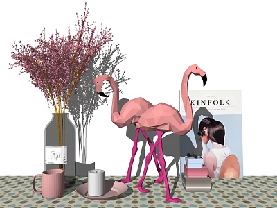 Elegant Decorative Ornament Set With Pink Flamingo Figurines Dried Flowers Vase Candle And Magazine 3d model