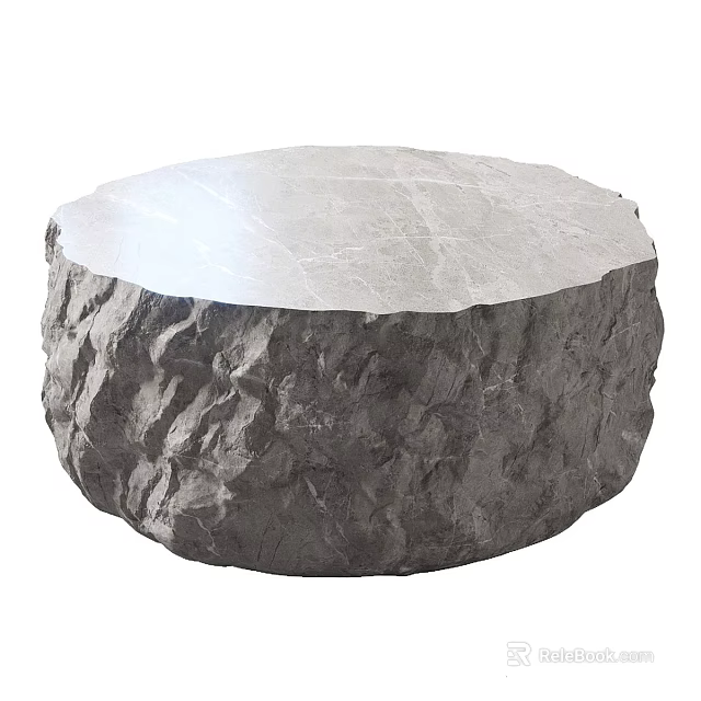 Round Natural Stone Coffee Table With Smooth Surface And Textured Rock Base Design 3d model 