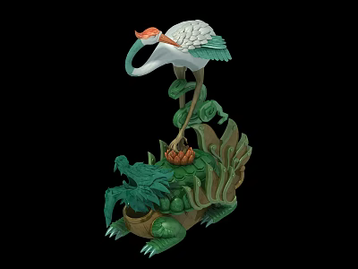 Cartoon Scene With White Green Crane Orange Beak And Green Crocodile With Plants 3d model