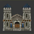 Cartoon Style Castle Model With Blue Spires Stone Towers Porch Steps And Blue Banners