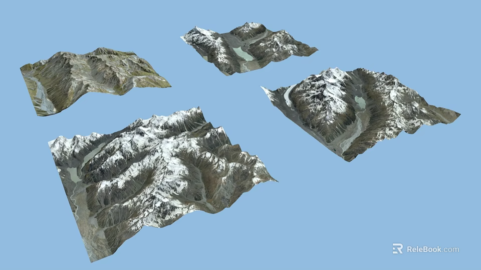 Realistic 3D Snow Covered Mountain Landscape With Clear Blue Sky Background 3d model 