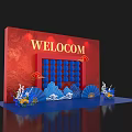 Traditional Chinese Photo Spot With Red Welcome Board And Blue Fan Decorations