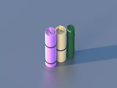 Three Rolled Colored Yoga Mats Purple Beige Green Arranged Side By Side On Gray 3d model