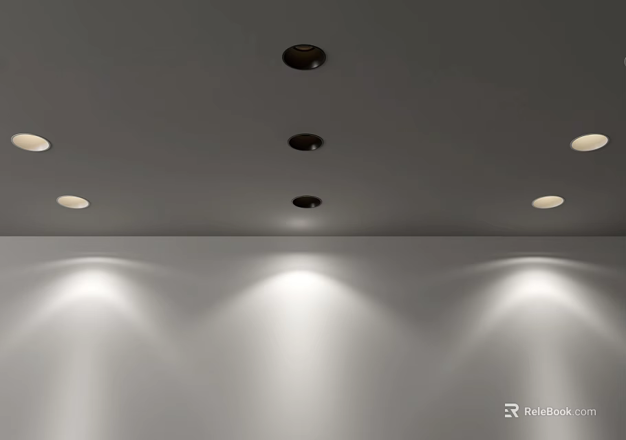 Multiple Ceiling Mounted Downlights and Spotlights Illuminating Interior Wall with Bright Lighting 3d model 