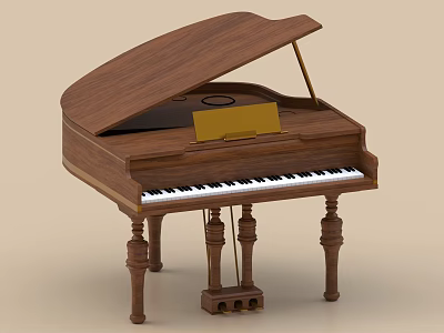 Classical Wooden Grand Piano With Open Lid Black White Keys Music Stand And Carved Legs 3d model