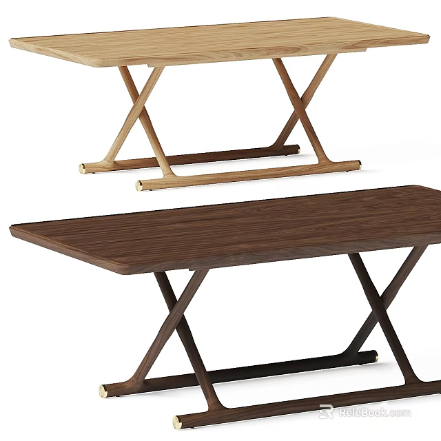 Modern Wooden Dining Table Set With X Shaped Legs In Walnut And Light Wood Tones 3d model 