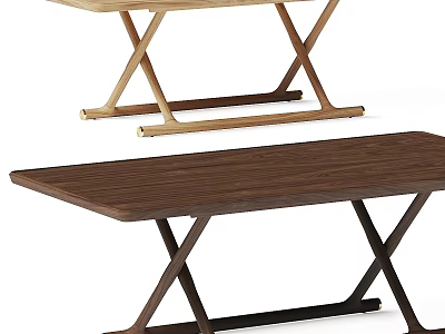 Modern Wooden Dining Table Set With X Shaped Legs In Walnut And Light Wood Tones 3d model