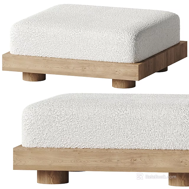 Elegant White Fluffy Sofa Stool with Solid Wooden Base and Legs 3d model 