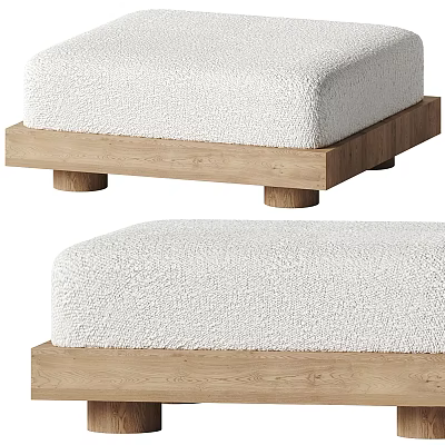 Elegant White Fluffy Sofa Stool with Solid Wooden Base and Legs 3d model