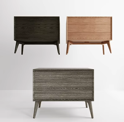 Three Modern Wooden Bedside Tables With Wood Grain Design Drawers And Slender Legs 3d model