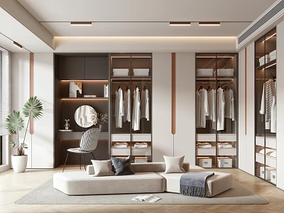 Modern Walk In Closet Interior With Open Shelves Hanging Clothes And Sofa Mirror 3d model