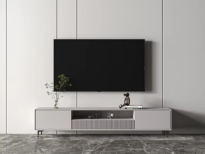 Modern TV Stand With Wall Mounted TV And Decorative Pieces On Marble Floor 3d model