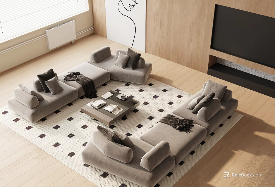 Modern Living L-shaped Gray Sofa and Coffee Table Set on Black and White Checkered Rug 3d model 