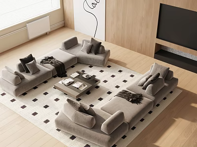 Modern Living L-shaped Gray Sofa and Coffee Table Set on Black and White Checkered Rug 3d model