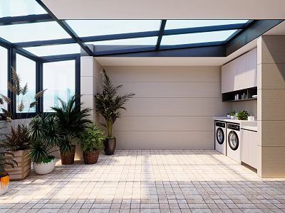 Modern Villa Balcony Open Design With Glass Roof Tile Floor Washing Machine Cabinets Green Plants 3d model