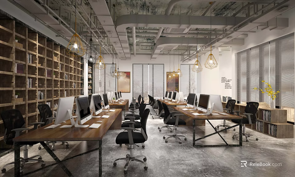 Public Office Space With Wooden Desks Computers Ergonomic Chairs Bookshelves And Pendant Lights 3d model 