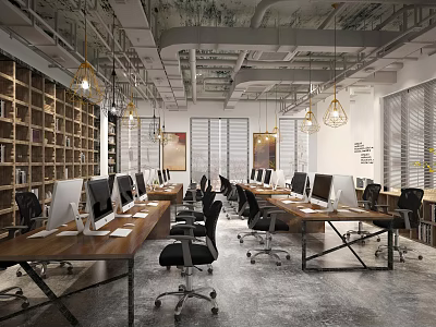 Public Office Space With Wooden Desks Computers Ergonomic Chairs Bookshelves And Pendant Lights 3d model