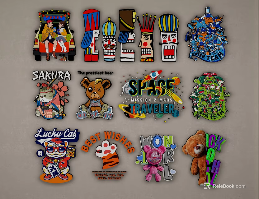 Colorful Cartoon Themed Wall Decor With Various Playful Characters And Graphics 3d model 