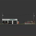 Modern Minimart Scene With Gas Pumps Outdoor Seating And Utility Poles
