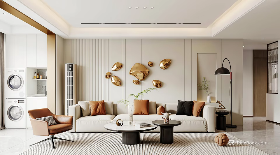 Modern Living Dining Room Interior With Beige Sofa Orange Black Cushions Golden Circular Wall Decor 3d model 