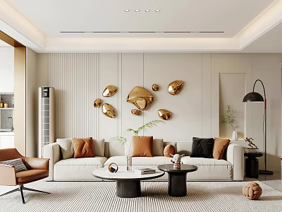 Modern Living Dining Room Interior With Beige Sofa Orange Black Cushions Golden Circular Wall Decor 3d model