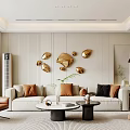Modern Living Dining Room Interior With Beige Sofa Orange Black Cushions Golden Circular Wall Decor