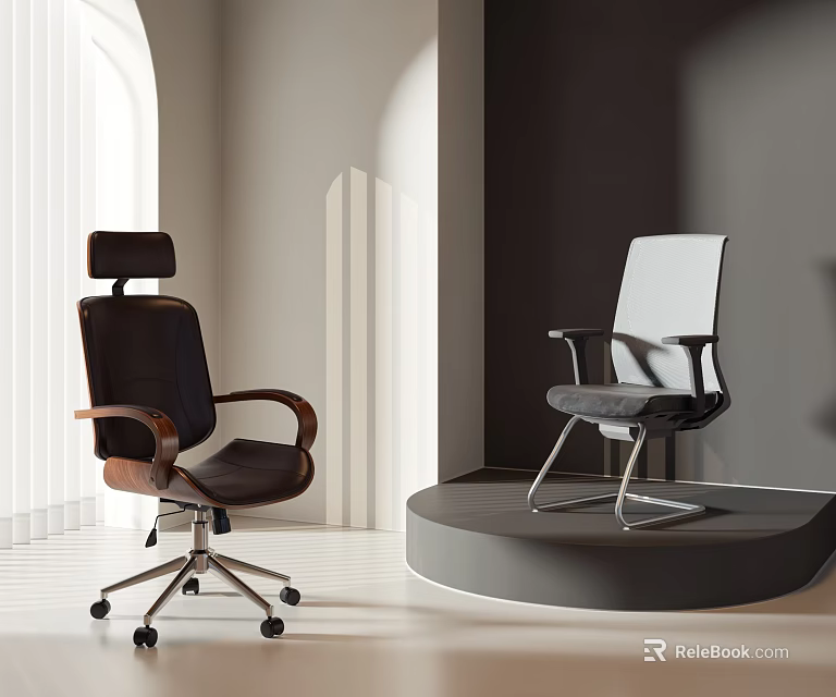 Modern Office Chairs with Wooden Armrests Headrest and Metal Frame on 3d model 