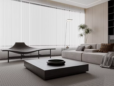 Modern Living Dining Room Interior With Sofa Coffee Table Vertical Blinds And Potted Plant 3d model